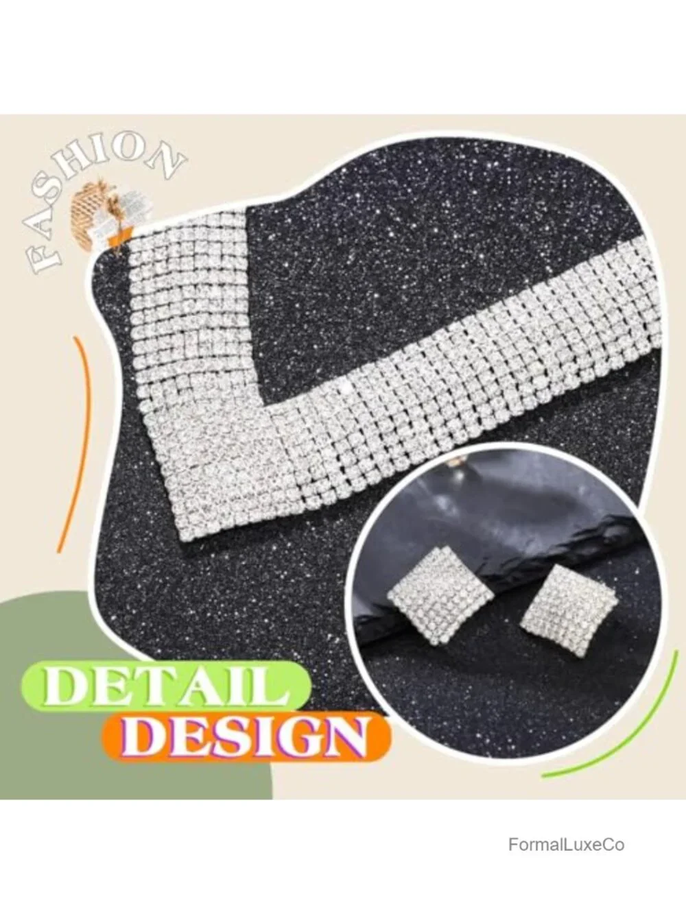 Rhinestone V-Shaped Collar Necklace and Earrings Set with Rings